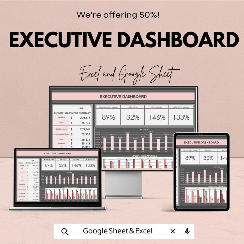 Executive Dashboard Excel and Google Sheet Template - Financial Overview, Budget Analysis & Performance Tracker