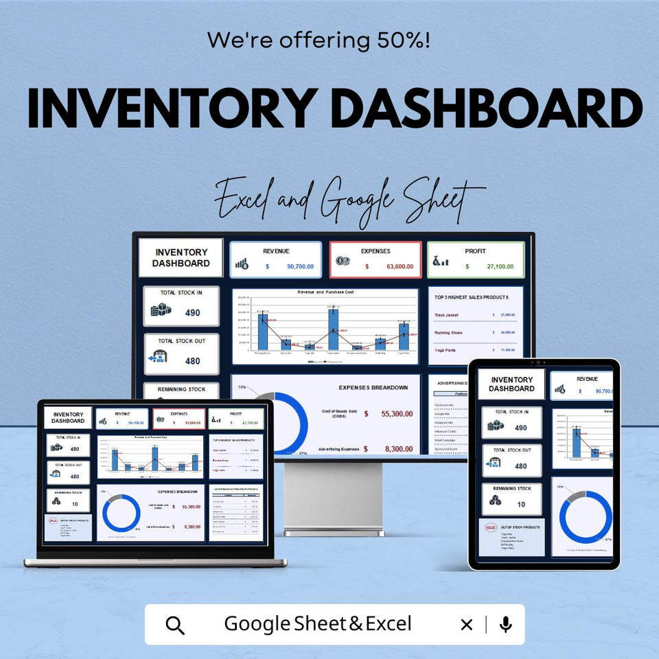 Inventory Dashboard for Excel & Google Sheets | Track Stock, Revenue and Expenses | Dynamic Business Management Tool