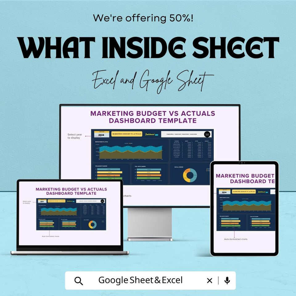 Marketing Budget vs Actuals Dashboard for Excel and Google Sheets | Track Marketing Spend & Performance | Budget vs Actuals Tracking Tool