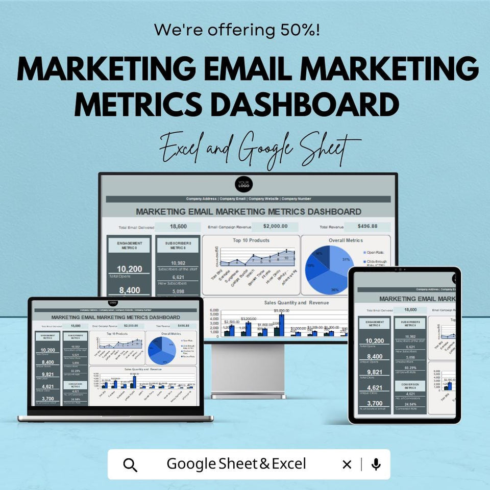 Marketing Email Marketing Metrics Dashboard - Excel & Google Sheet Template for Tracking, Analyzing, and Optimizing Email Campaigns