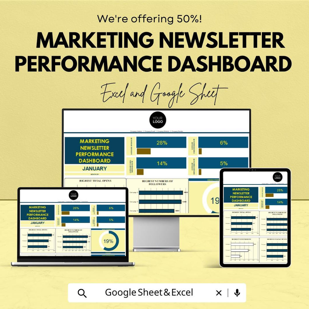 Marketing Newsletter Performance Dashboard | Track Email Campaign Metrics | Excel & Google Sheet Template | Monthly Reporting Tool