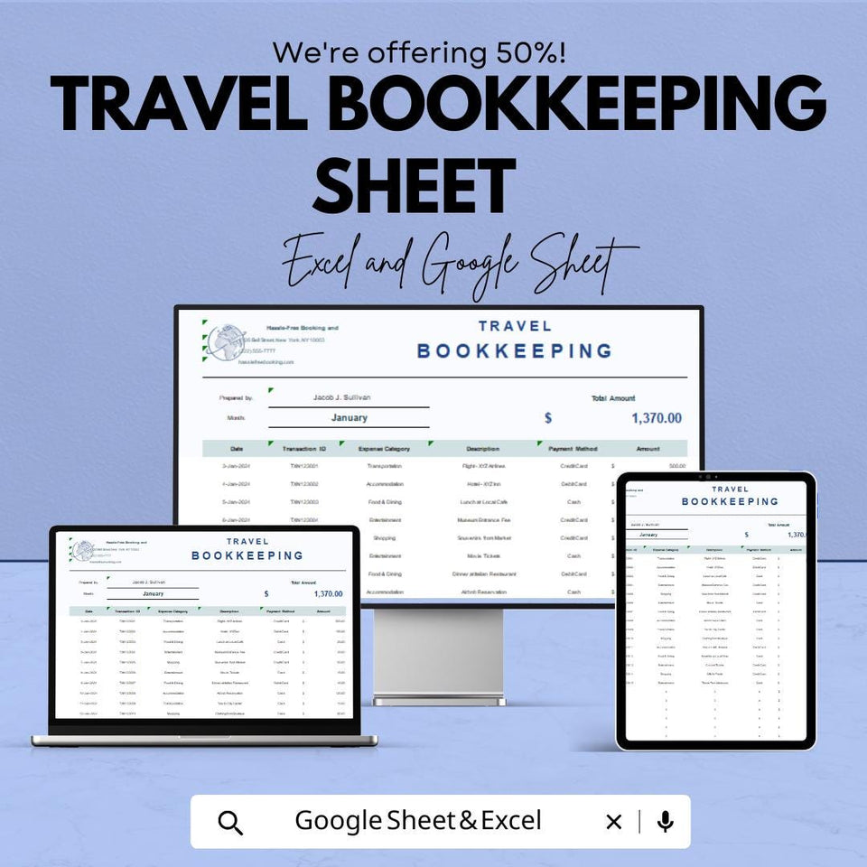 Travel Bookkeeping Sheet | Excel and Google Sheet | 50% OFF | Expense & Income Tracking Template