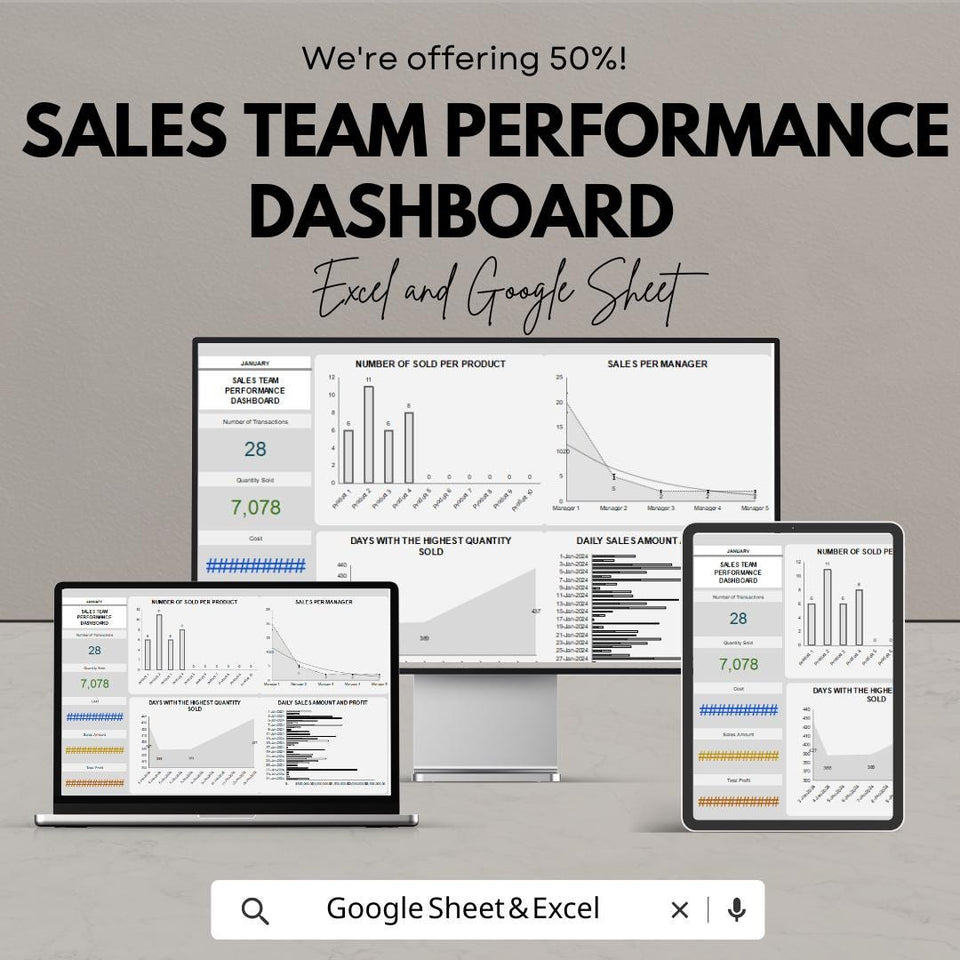 Sales Team Performance Dashboard - Excel & Google Sheet Template for Tracking Sales Metrics, Team Performance and Goals