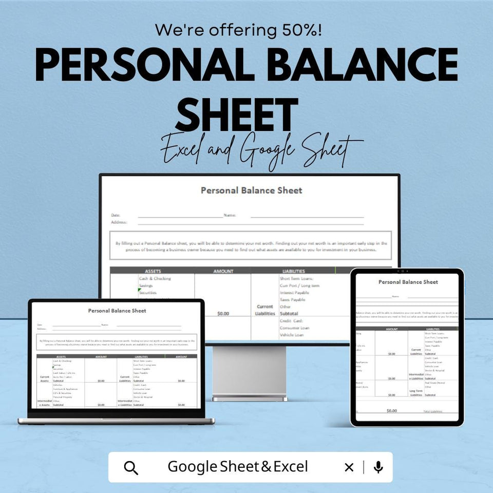 Personal Balance Sheet | Excel and Google Sheet | 50% OFF | Track Assets & Liabilities Template