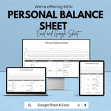 Personal Balance Sheet | Excel and Google Sheet | 50% OFF | Track Assets & Liabilities Template
