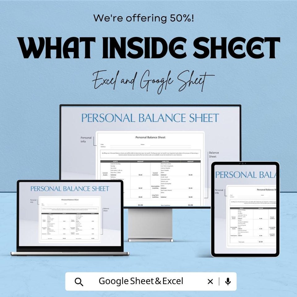 Personal Balance Sheet | Excel and Google Sheet | 50% OFF | Track Assets & Liabilities Template