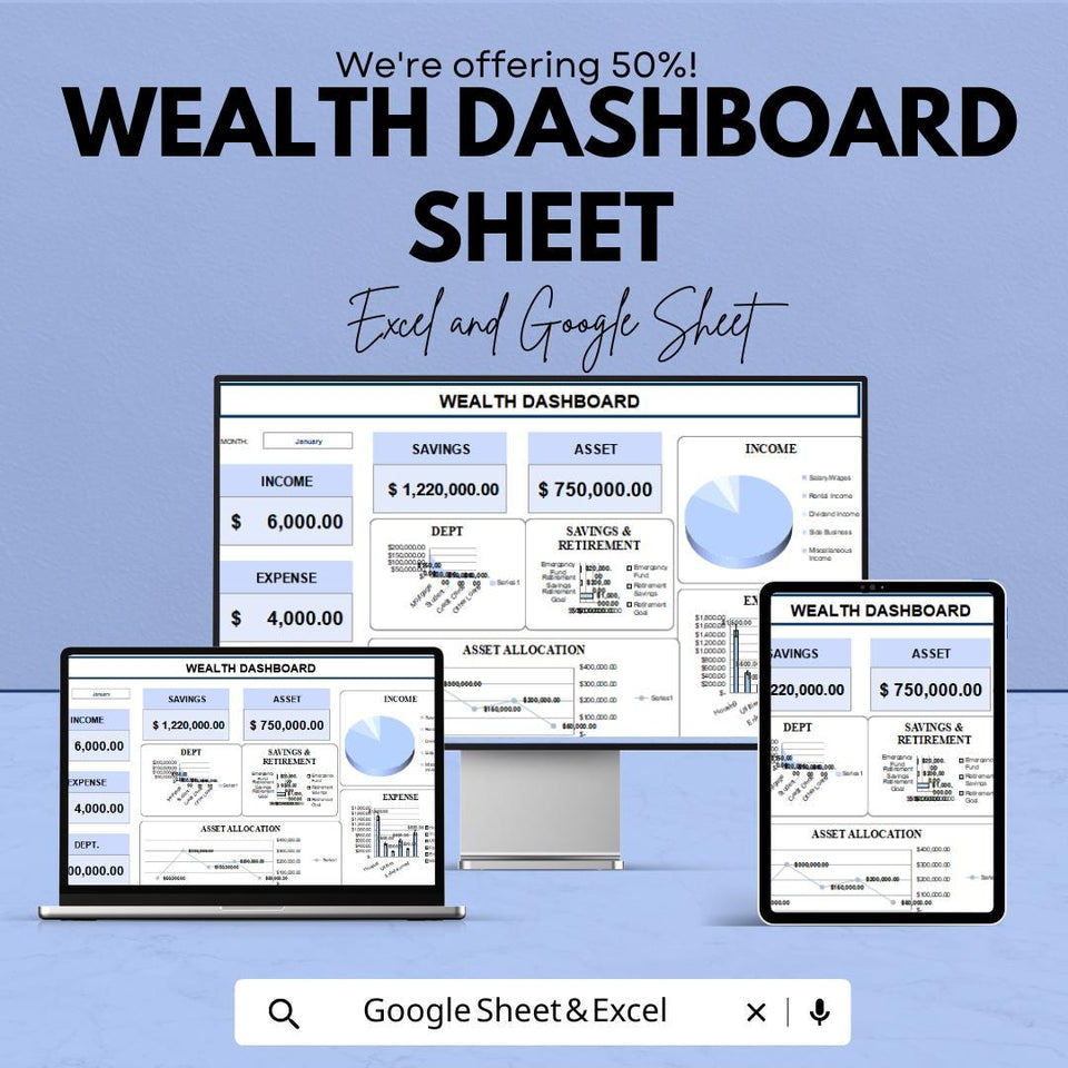 Wealth Dashboard Excel & Google Sheet | Finance Tracker | Budget Planner | Income Expense Tracker | Digital Spreadsheet
