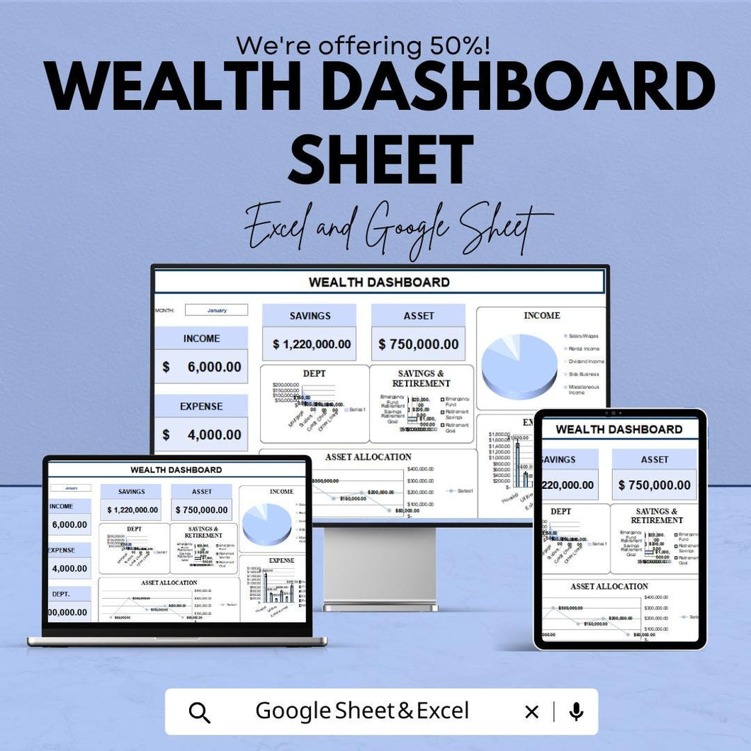 Wealth Dashboard Excel & Google Sheet | Finance Tracker | Budget Planner | Income Expense Tracker | Digital Spreadsheet