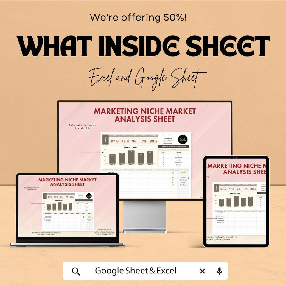 Marketing Niche Market Analysis Sheet | Excel and Google Sheets Template for Market Research | Track Business Performance | 50% Off