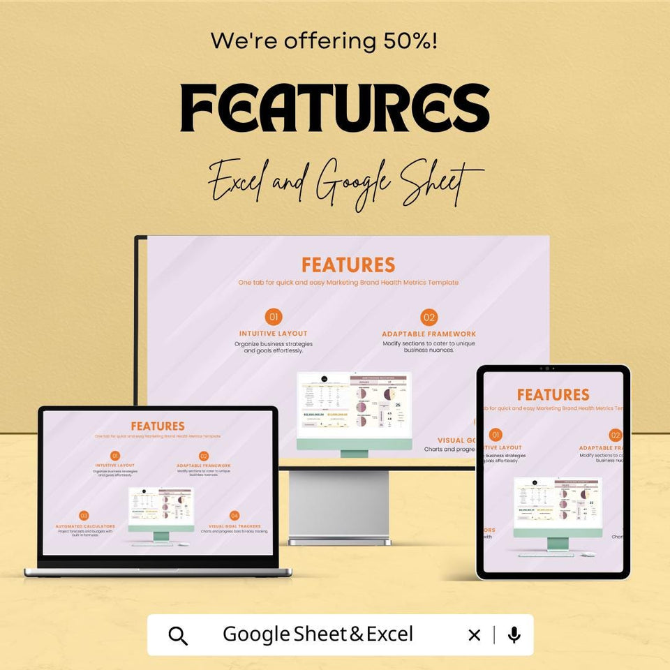 Marketing Brand Health Metrics Sheet - Excel and Google Sheets Template | Track Brand Awareness, Loyalty & Social Media Sentiment