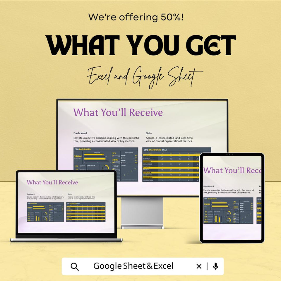 CEO Dashboard Excel and Google Sheet Template | Financial and Business Metrics Tracking | Quarterly & Annual Over