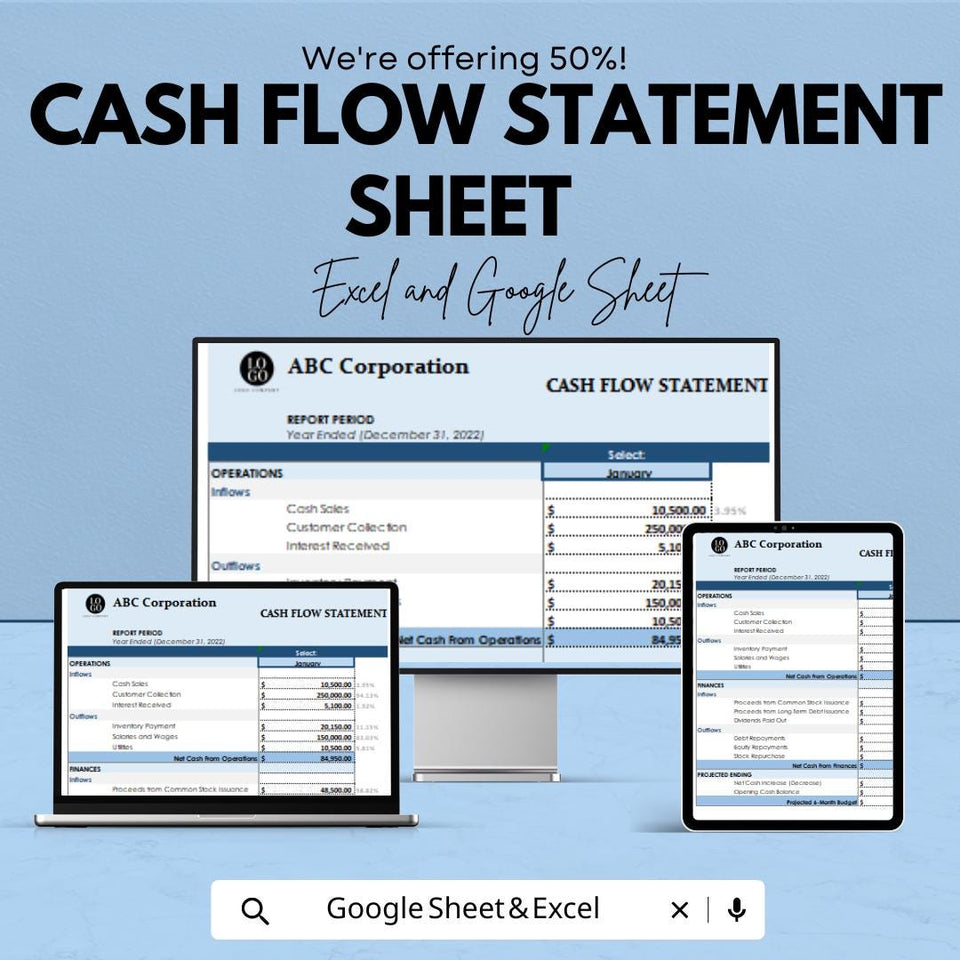 Cash Flow Statement Sheet - Excel and Google Sheet Template for Business Finance Management - Track Income, Expenses & Financial Health
