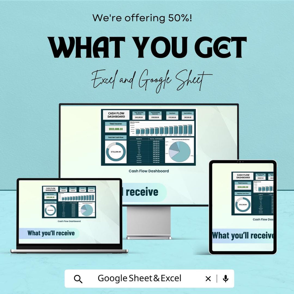 Cash Flow Dashboard | Financial Management Excel and Google Sheets | Monthly & Annual Cash Flow Analysis | Real-Time Financial Dashboard