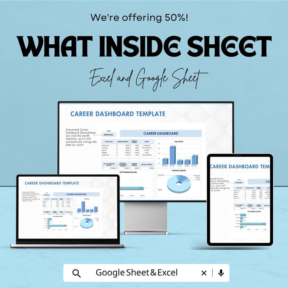 Career Dashboard | Google Sheet | Financial Clarity, Debt Tracker & Career Goal Planner | Customizable Templates for Professional Growth