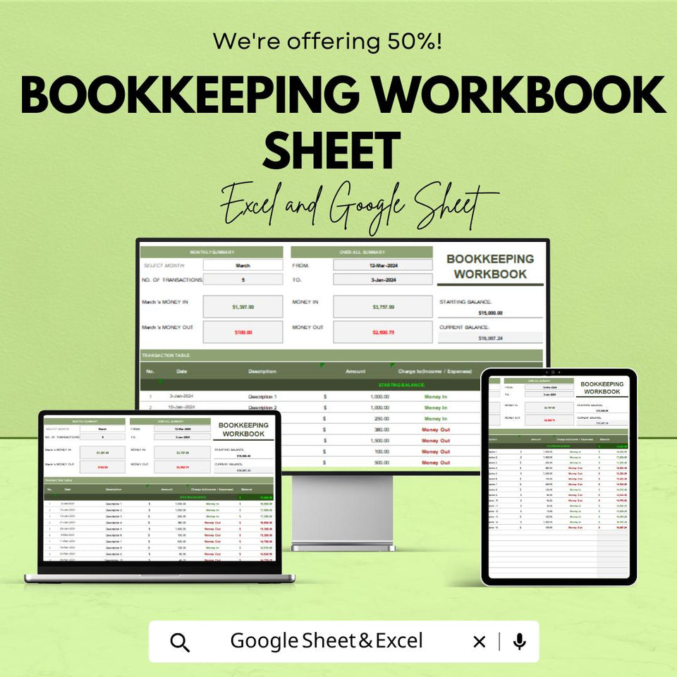 Bookkeeping Workbook Sheet for Financial Management | Google Sheet Template | Track Income & Expenses | Budgeting and Accounting Tool