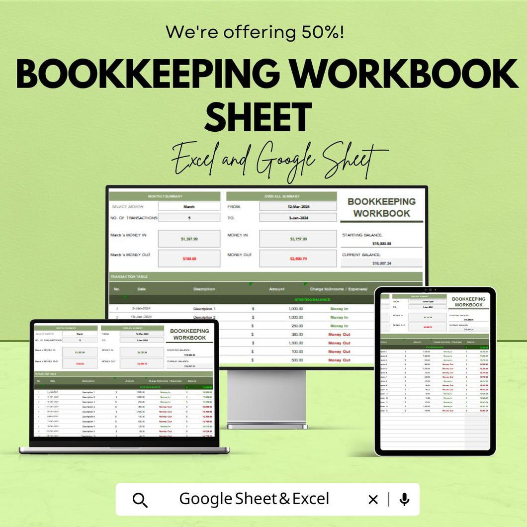 Bookkeeping Workbook Sheet for Financial Management | Google Sheet Template | Track Income & Expenses | Budgeting and Accounting Tool