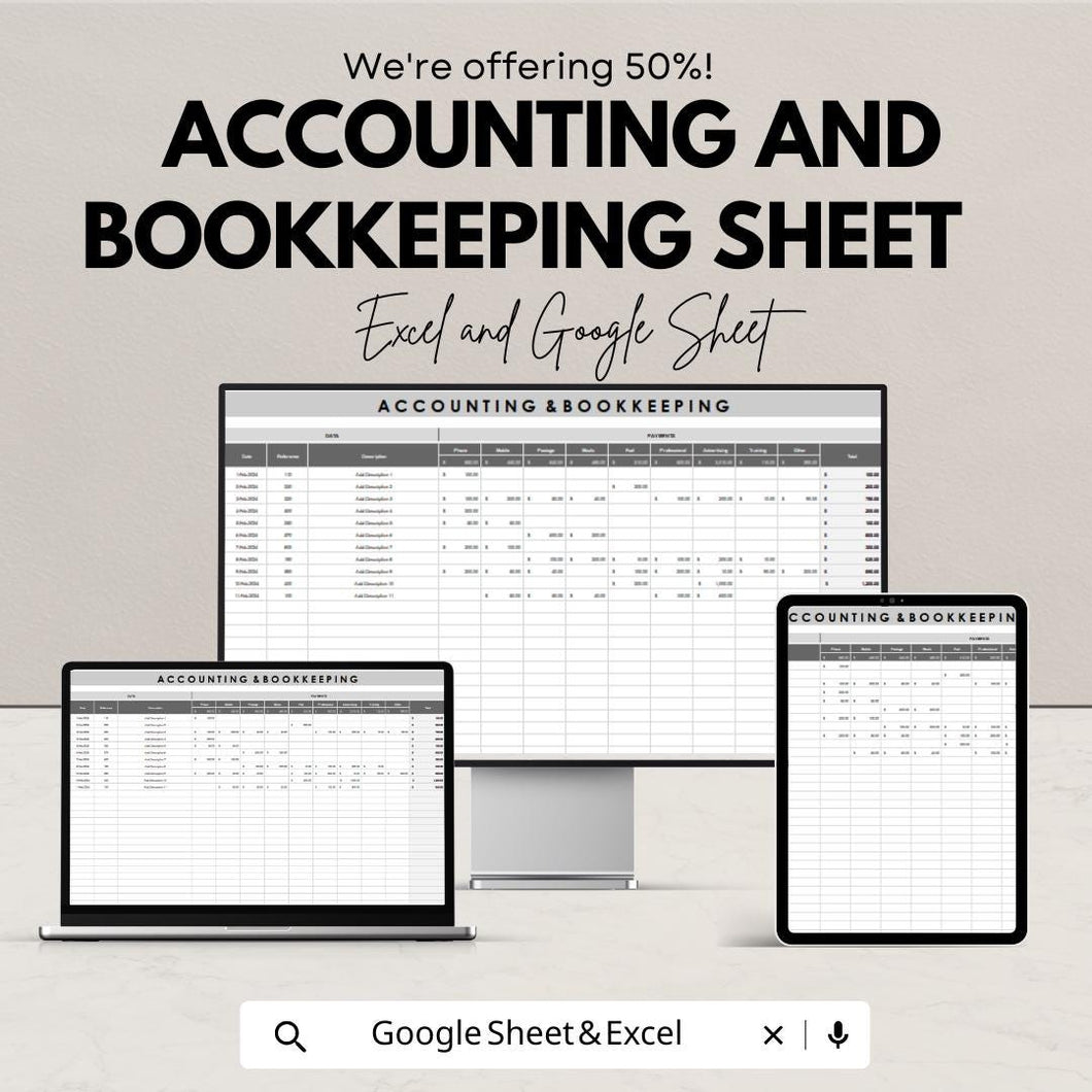 Accounting and Bookkeeping Sheet | Financial Tracker Template | Expense and Income Management | Excel & Google Sheets