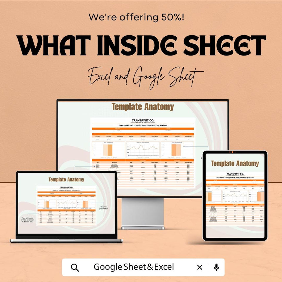 Transport & Logistics Account Reconciliation Sheet - Google Sheets for Financial Management, Budget Tracking and Automated Calculations