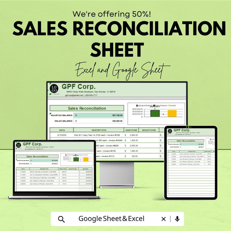 Sales Reconciliation Sheet Template for Excel and Google Sheets | Financial Management Spreadsheet | Track Sales, Additions & Deductions |