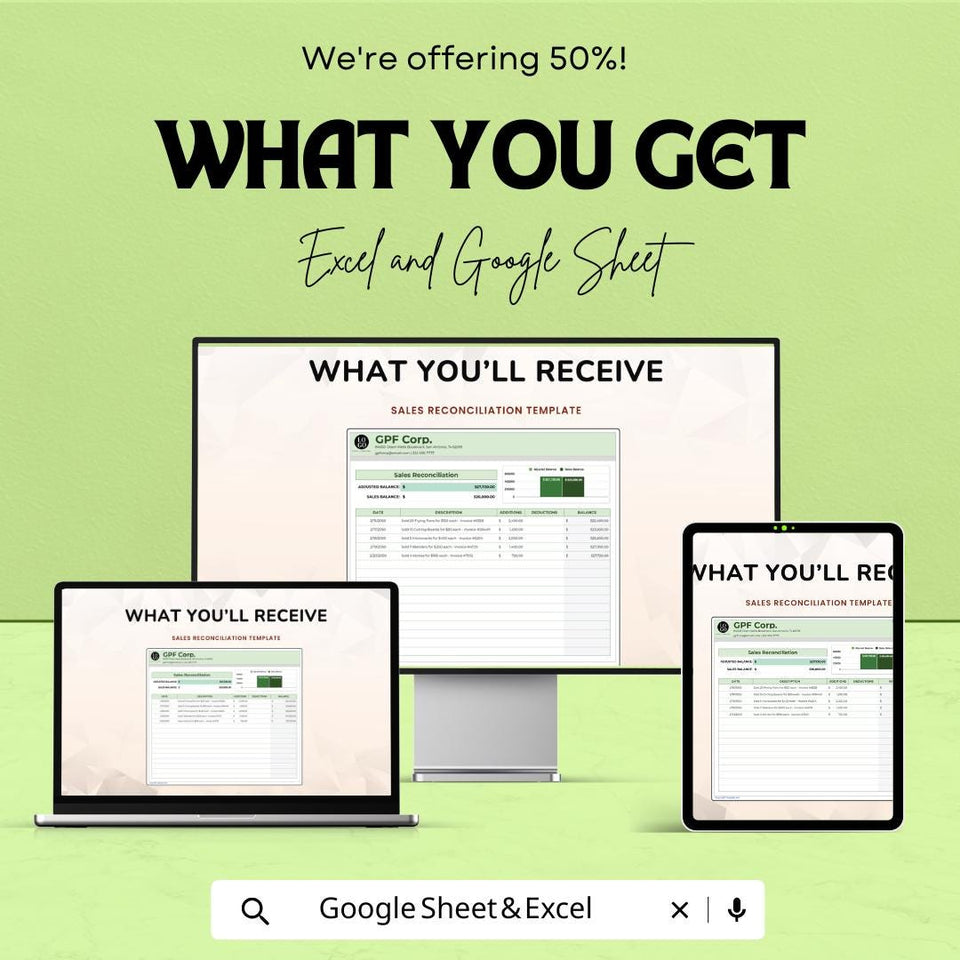 Sales Reconciliation Sheet Template for Excel and Google Sheets | Financial Management Spreadsheet | Track Sales, Additions & Deductions |