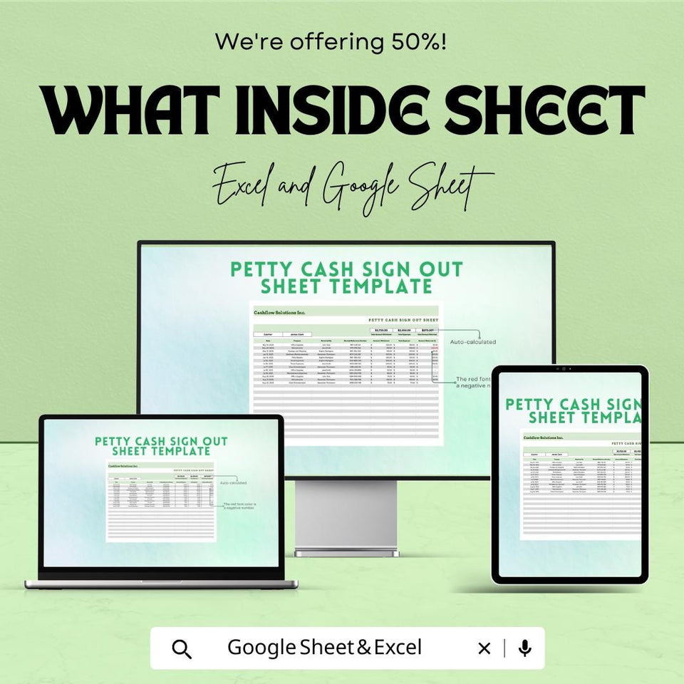 Petty Cash Sign Out Sheet | Google Sheets & Excel Template | Cash Flow Tracker | Easy Record Keeping | Automated Petty Cash Template