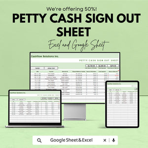 Petty Cash Sign Out Sheet | Google Sheets & Excel Template | Cash Flow Tracker | Easy Record Keeping | Automated Petty Cash Template