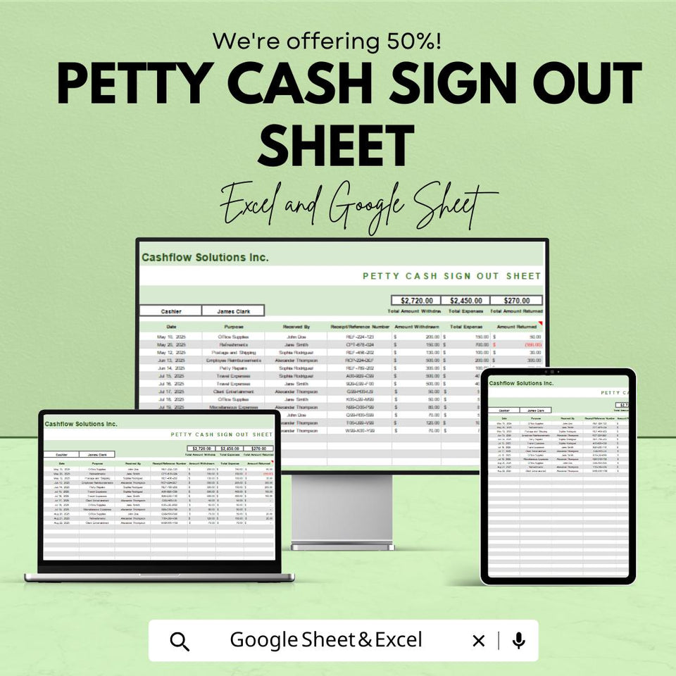 Petty Cash Sign Out Sheet | Google Sheets & Excel Template | Cash Flow Tracker | Easy Record Keeping | Automated Petty Cash Template