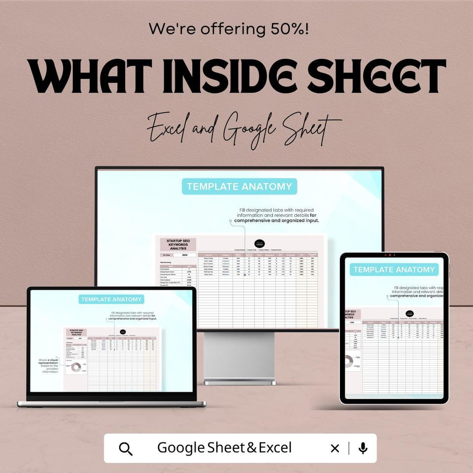 Startup SEO Keywords Analysis Sheet | Excel & Google Sheet Template for Keyword Tracking, SEO Performance and Marketing Analysis