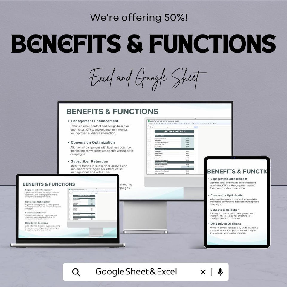 Marketing Brand Awareness Metrics Dashboard | Google Sheet Template | Track social media, Website, and Email Performance | Metrics Overview