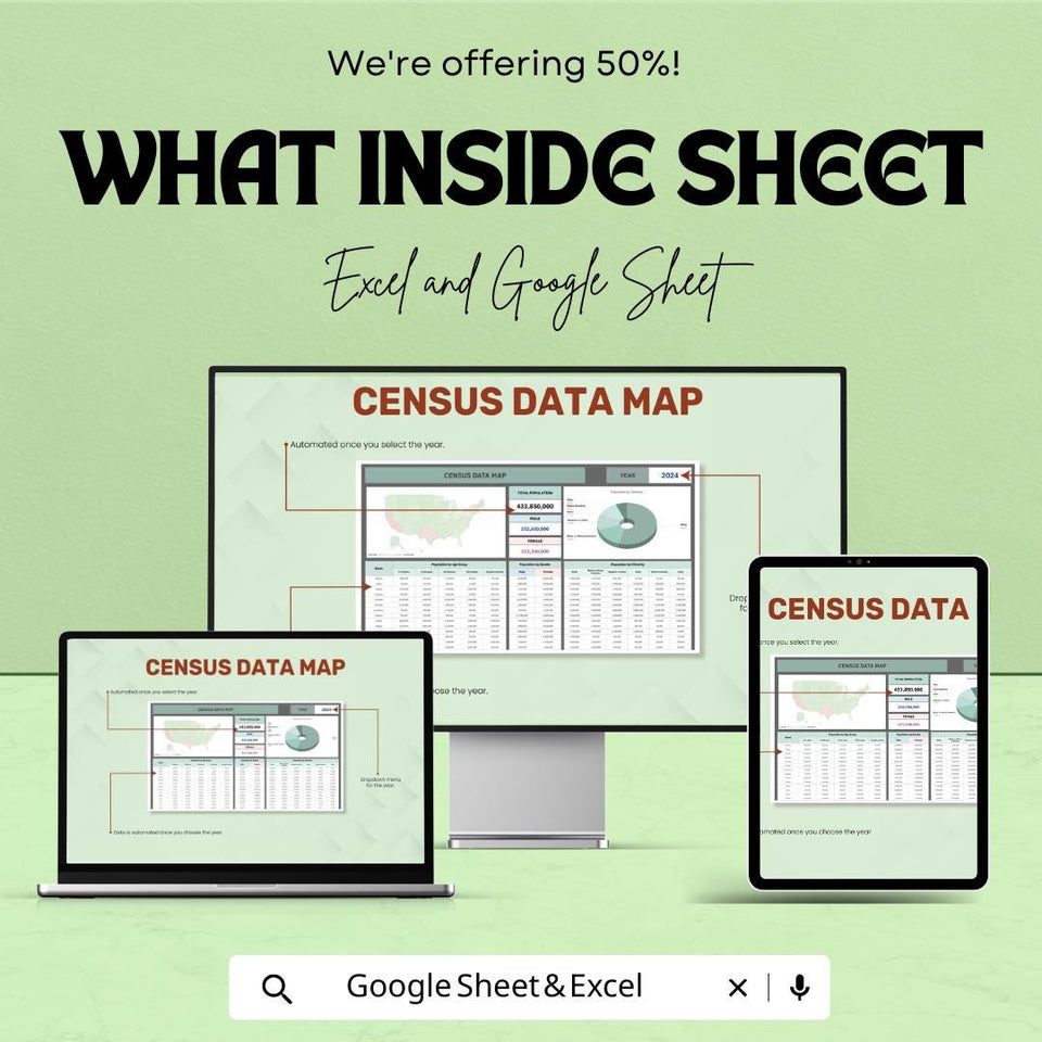 Census Data Map Sheet 2024 – US Population and Demographics Data in Excel & Google Sheets, Interactive Map Template, Easy-to-Use