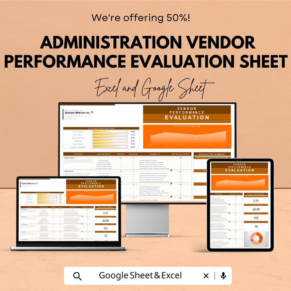 Vendor Performance Evaluation Sheet - Google Sheets | Administration Tool for Supplier Scoring and Feedback | Procurement Performance