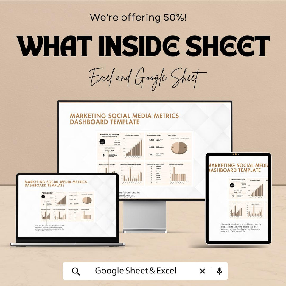 Marketing Social Media Metrics Dashboard Sheet | Excel & Google Sheets Template | Social Media Analytics | Engagement Tracker for Businesses