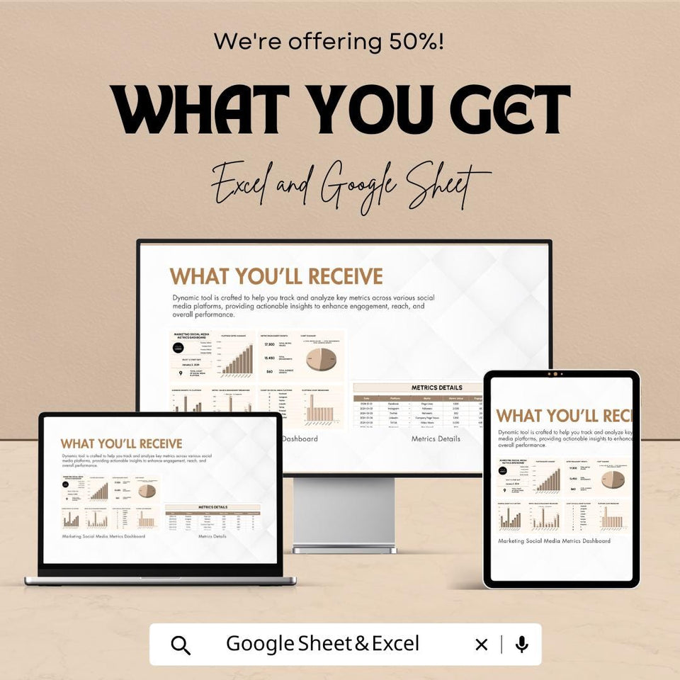 Marketing Social Media Metrics Dashboard Sheet | Excel & Google Sheets Template | Social Media Analytics | Engagement Tracker for Businesses