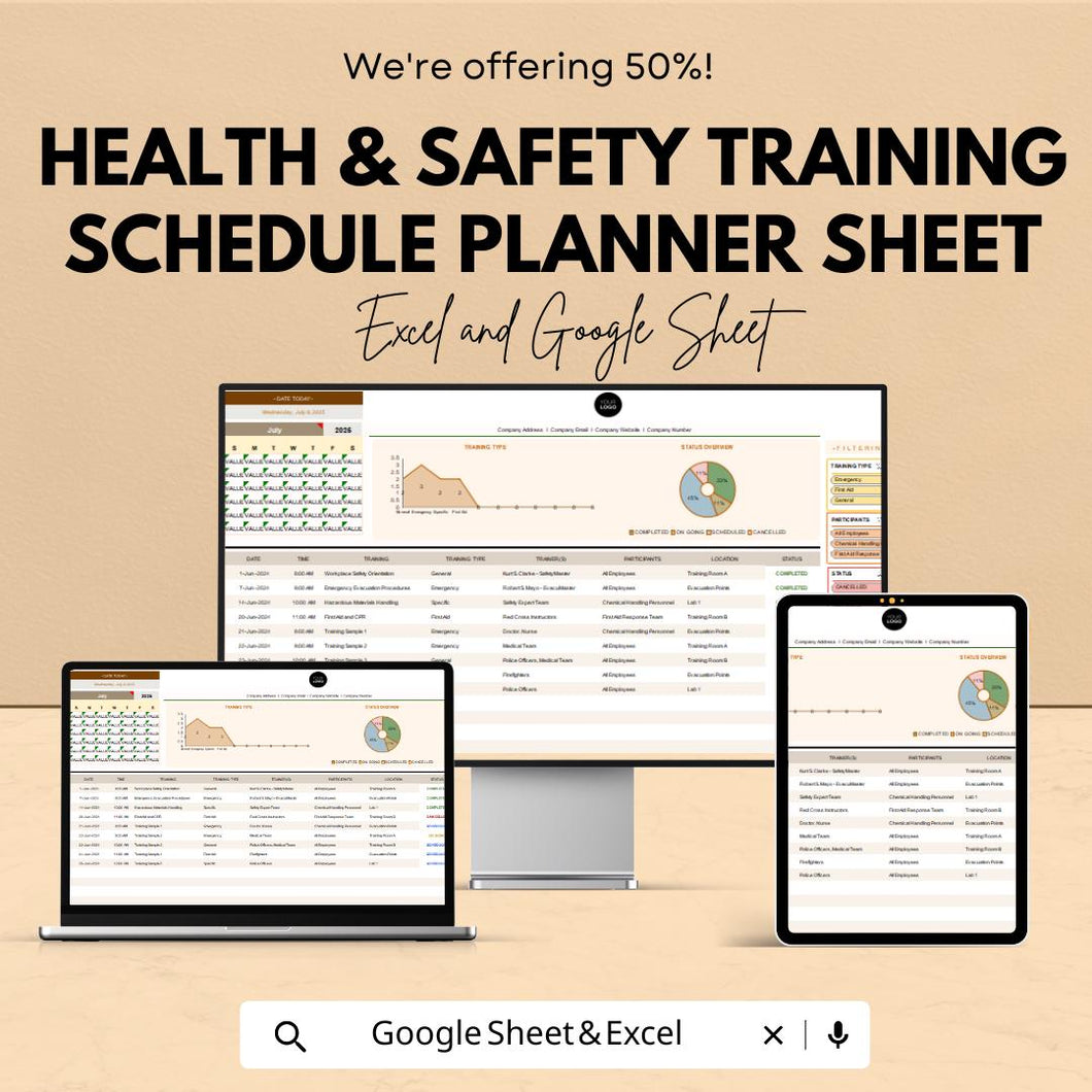 Health & Safety Training Schedule Planner Sheet - Excel and Google Sheets Template - Efficient Training Organization and Attendance Tracker