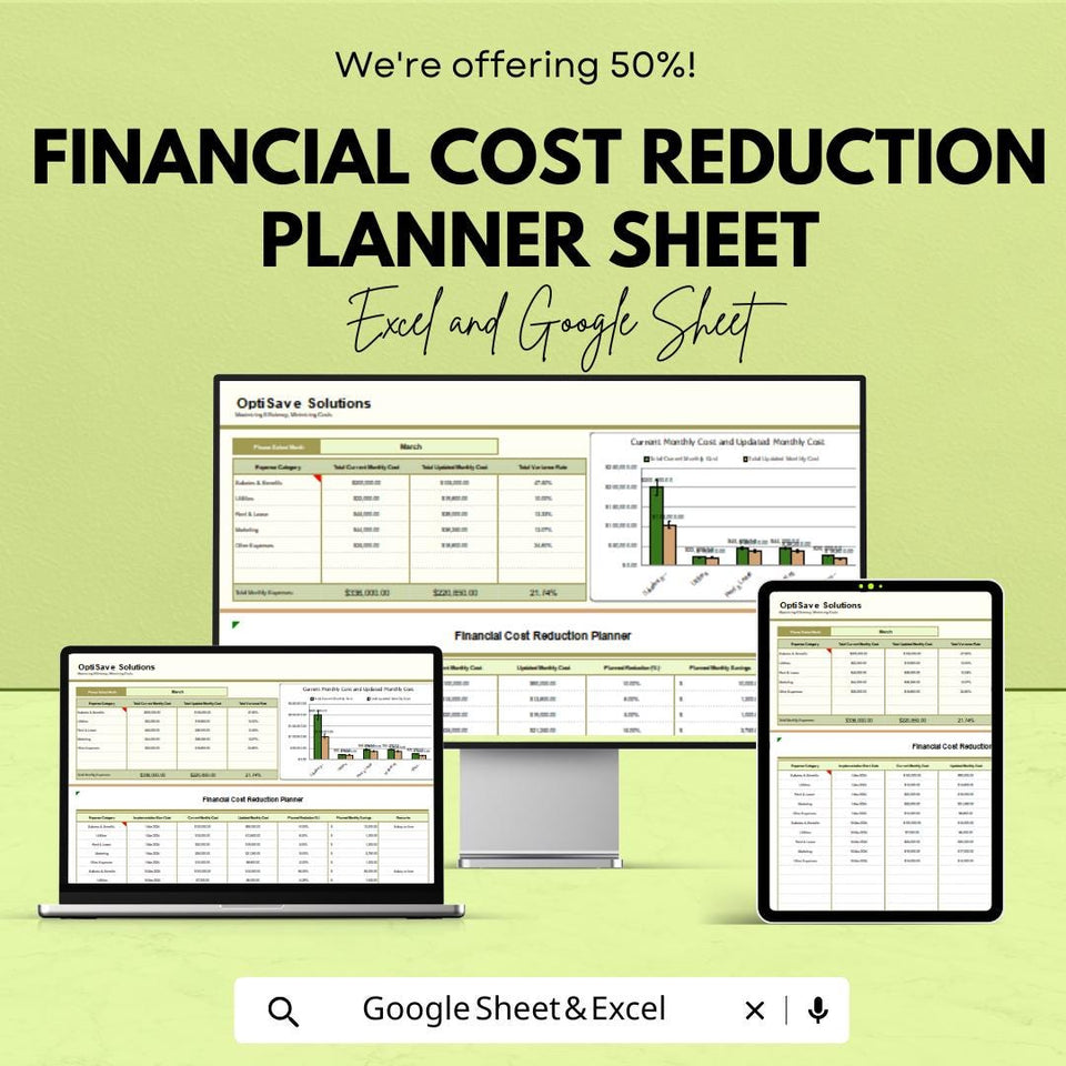 Financial Cost Reduction Planner Sheet | Excel and Google Sheet Template for Budgeting & Expense Management