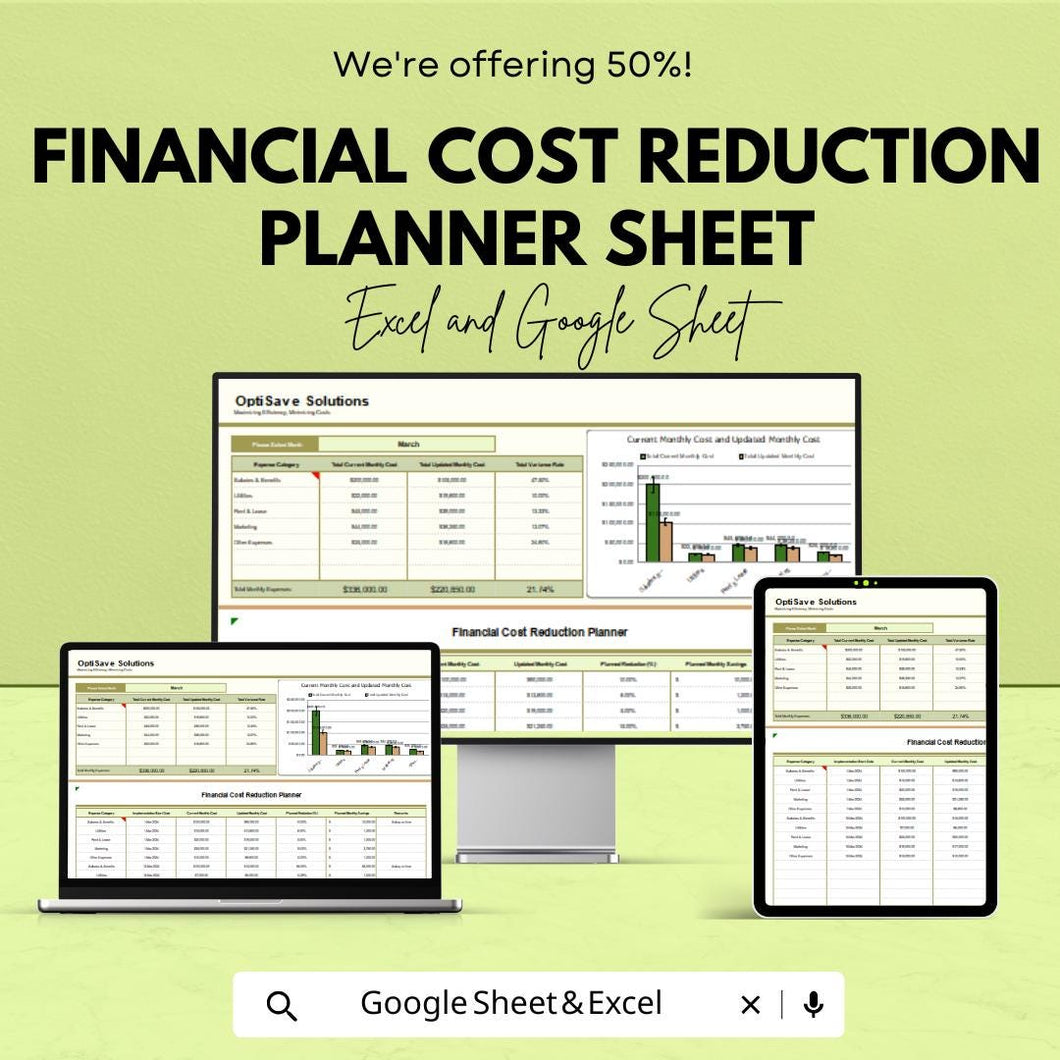 Financial Cost Reduction Planner Sheet | Excel and Google Sheet Template for Budgeting & Expense Management