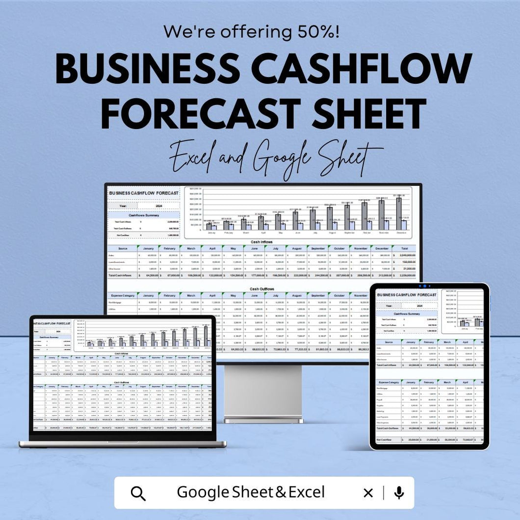 Business Cashflow Forecast Sheet - Excel and Google Sheet Template for Budgeting, Expense & Income Planning - Small Business Finance Tool