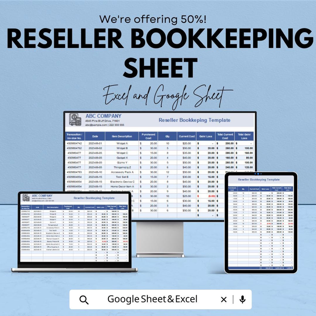 Reseller Bookkeeping Template - Google Sheet , Sales, and Profit Tracking | Accounting Dashboard for Resellers | Inventory Management