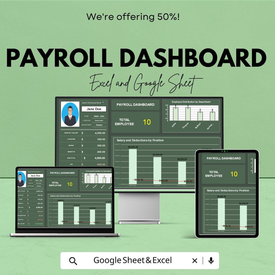 Payroll Dashboard Excel & Google Sheet - Real-Time Employee Salary Management, Compliance Tracking, Customizable Reports