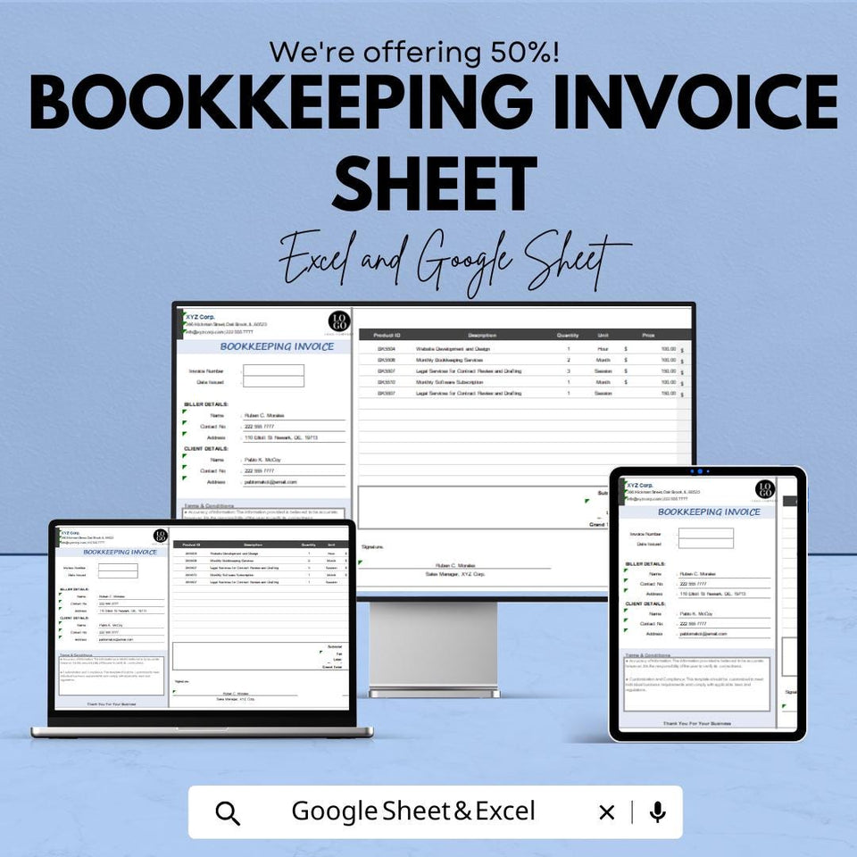 Bookkeeping Invoice Template – Excel and Google Sheet for Easy Tracking | Invoice & Payment Management, Customizable and Professional Design