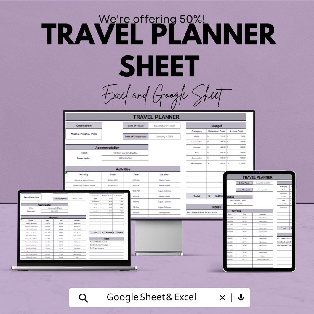 Travel Planner Sheet - Google Sheet Template - Trip Planning, Budgeting, and Itinerary Organizer - Vacation & Adventure Planning Spreadsheet