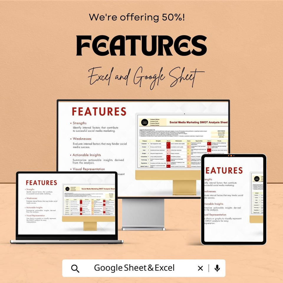 Social Media Marketing SWOT Analysis Sheet - Excel & Google Sheet Template for Strategy, Planning, and Performance