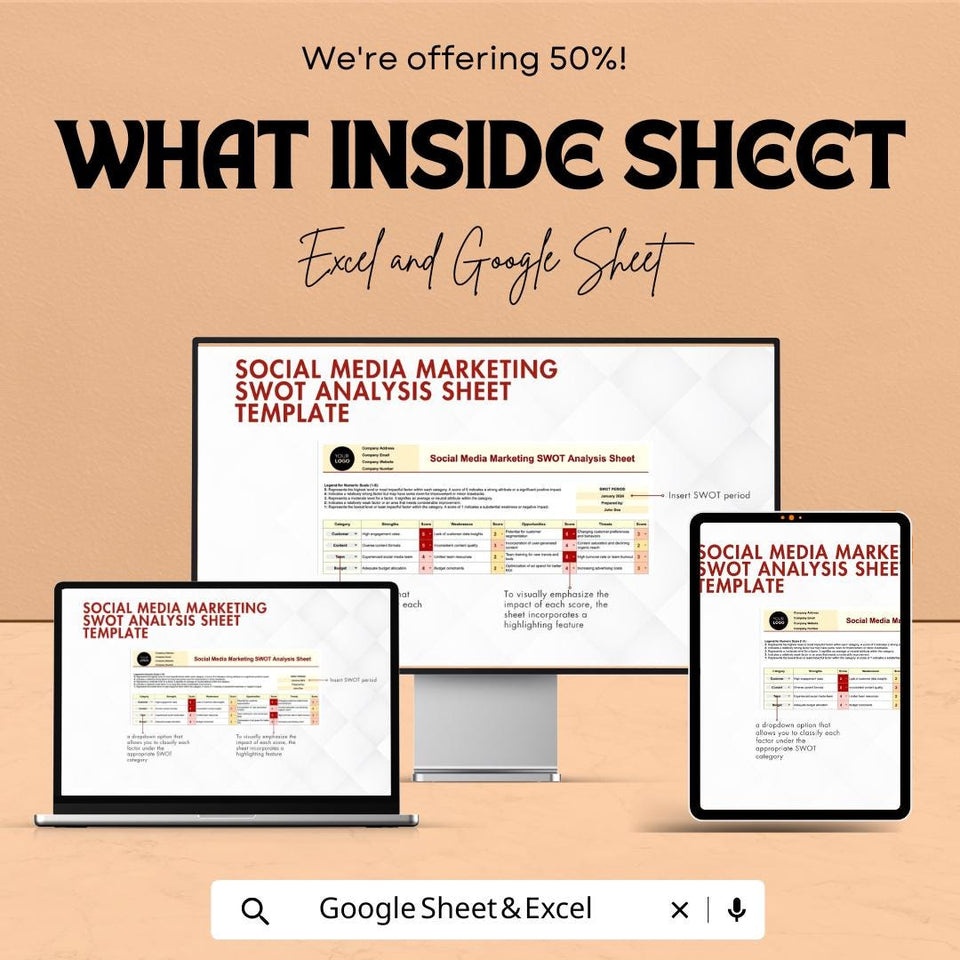 Social Media Marketing SWOT Analysis Sheet - Excel & Google Sheet Template for Strategy, Planning, and Performance