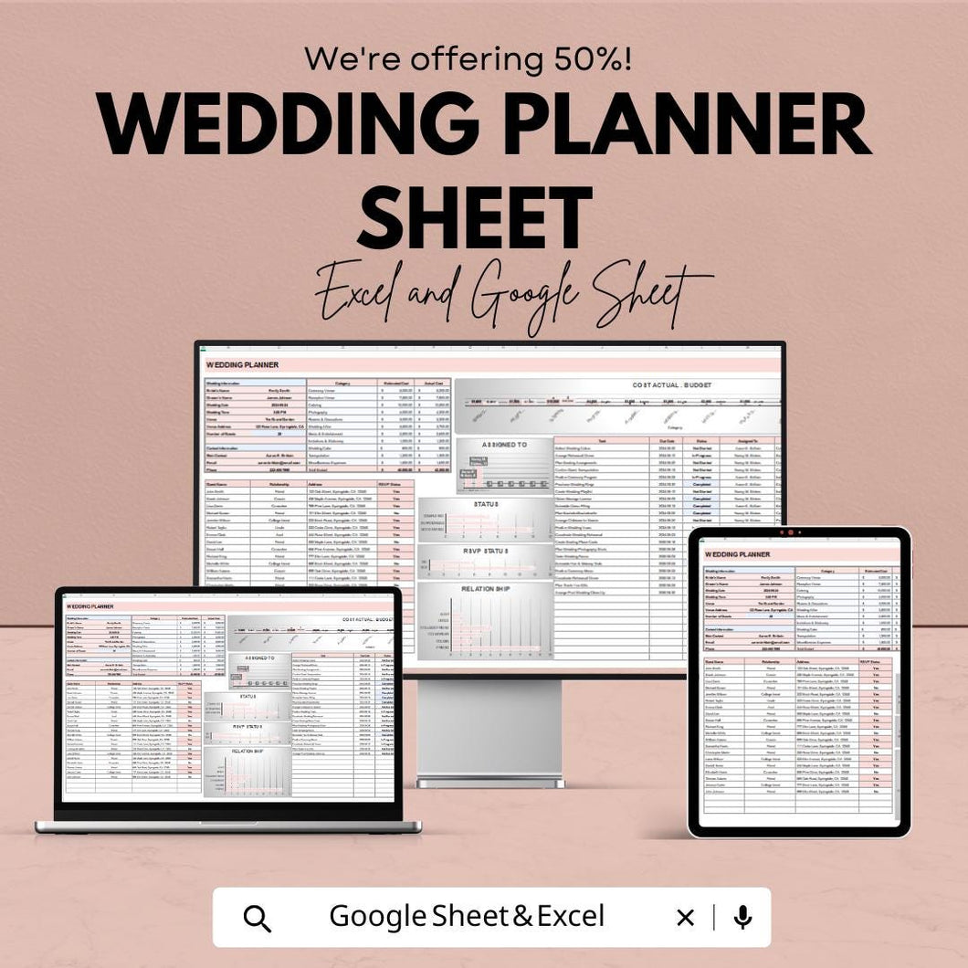 Wedding Planner Template - Ultimate Wedding Planning Sheet - Google Sheet - Organize Budget, Schedule & Tasks - Customizable Planner