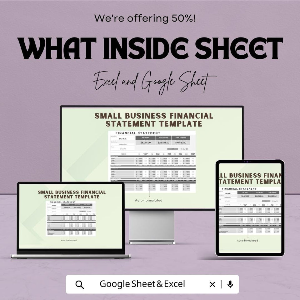 Small Business Financial Statement Template - Income, Expense & Cash Flow - Excel and Google Sheet Template - Financial Management
