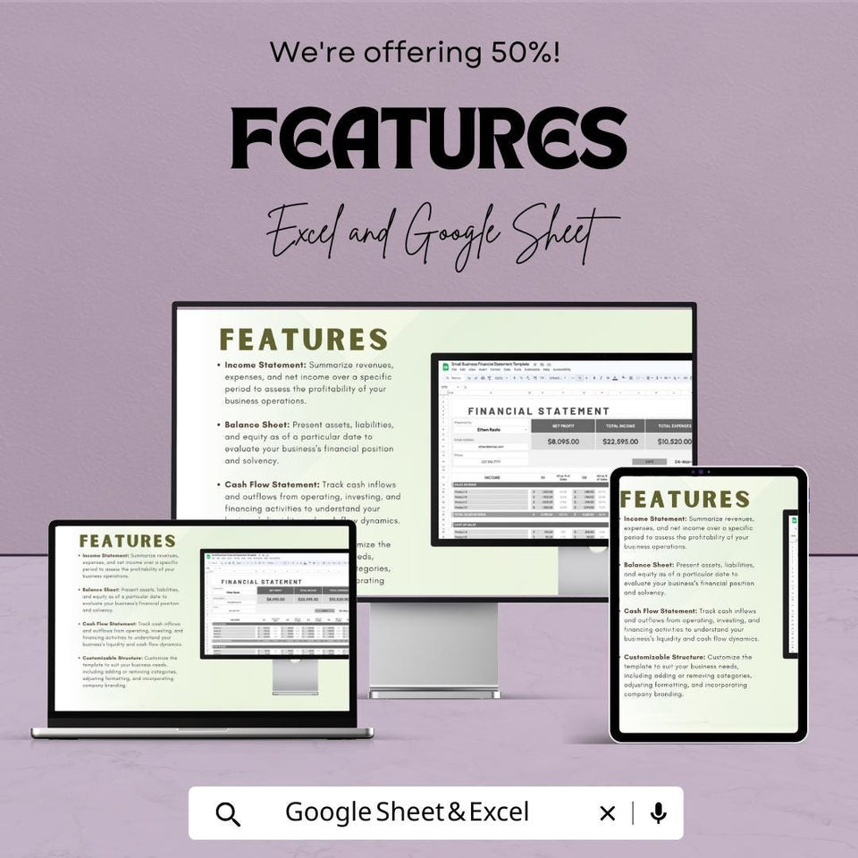 Small Business Financial Statement Template - Income, Expense & Cash Flow - Excel and Google Sheet Template - Financial Management
