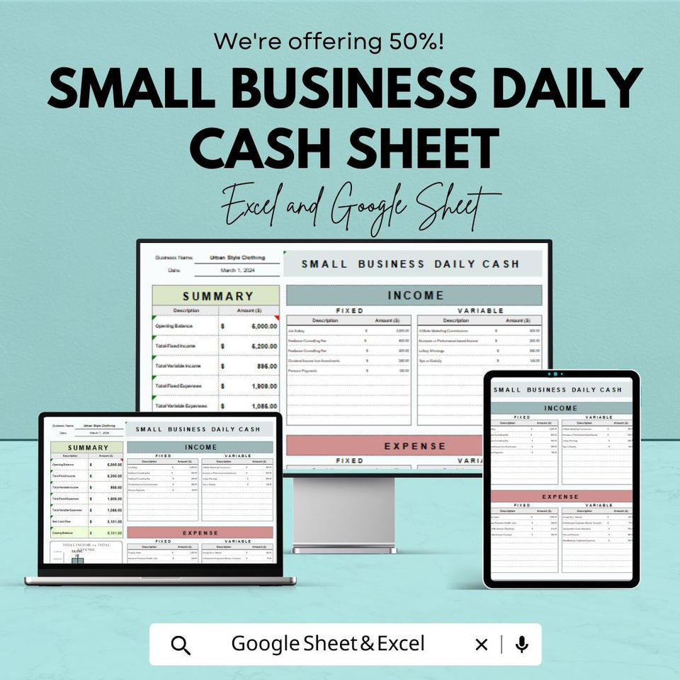 Small Business Daily Cash Sheet | Google Sheet and Excel Template | Income & Expense Tracker | Daily Cash Flow Tracker for Small Businesses