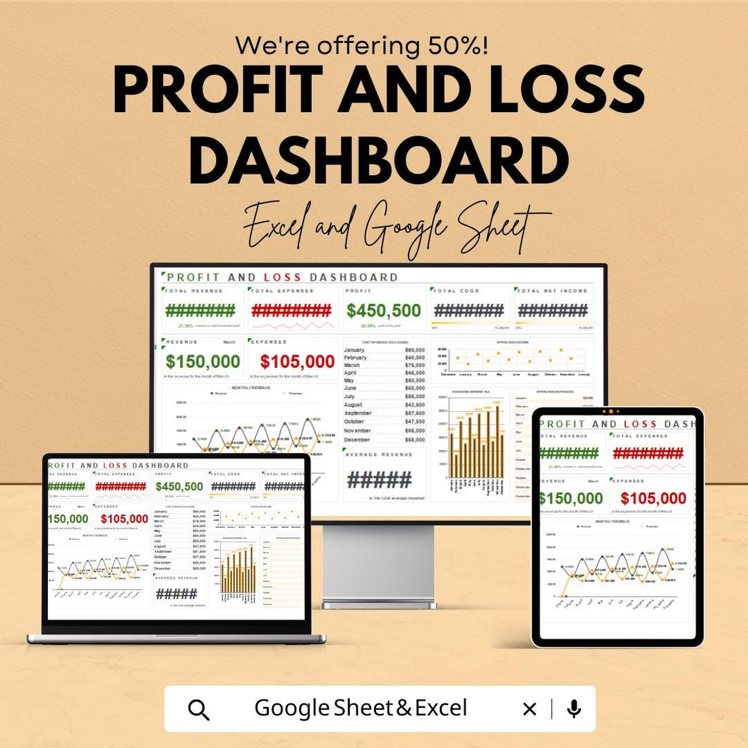 Profit and Loss Dashboard Sheet for Excel and Google Sheets | Financial Tracking Template | Budget, Revenue, Expense Planner |