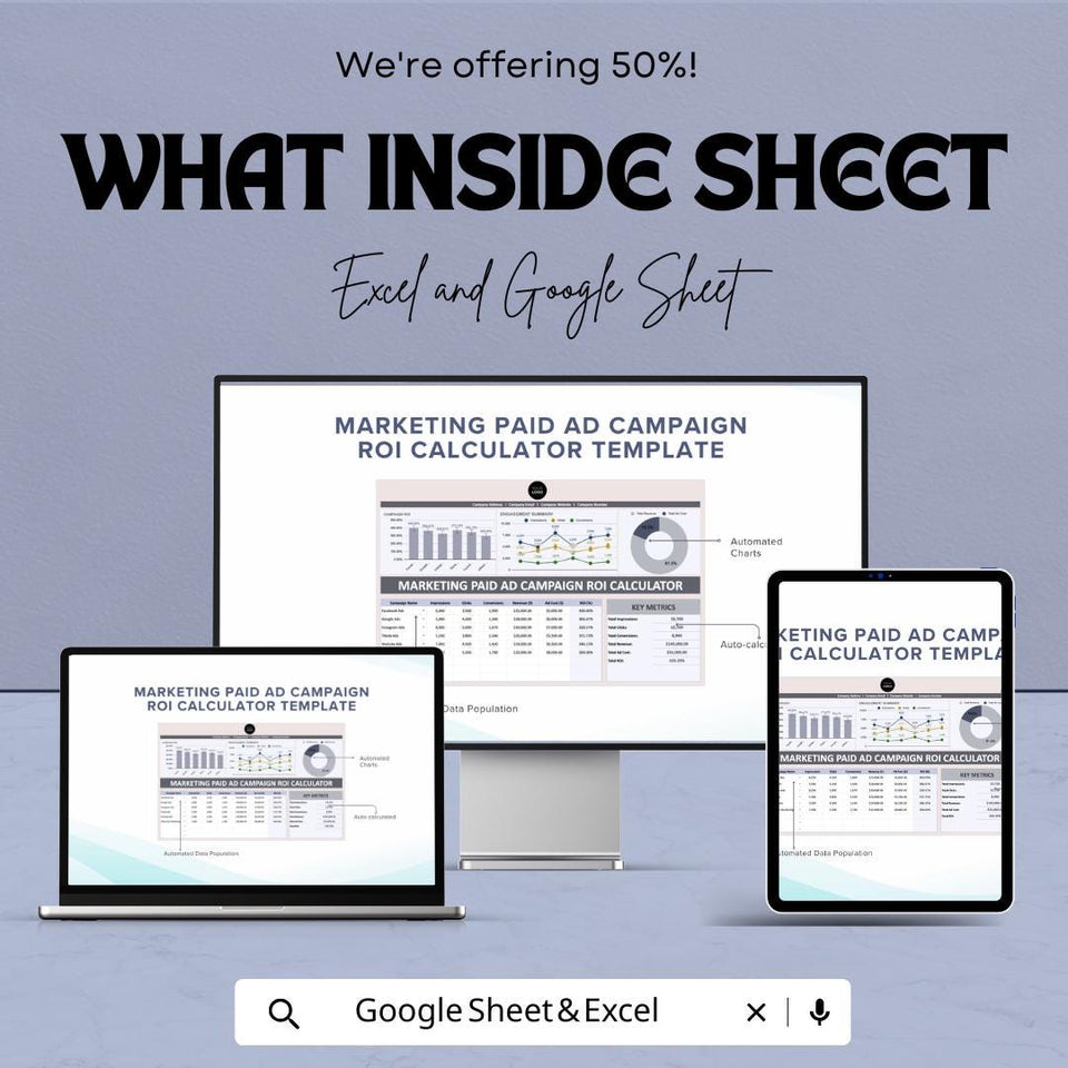 Marketing Paid Ad Campaign ROI Calculator Sheet - Excel & Google Sheet for Ad Performance Analysis
