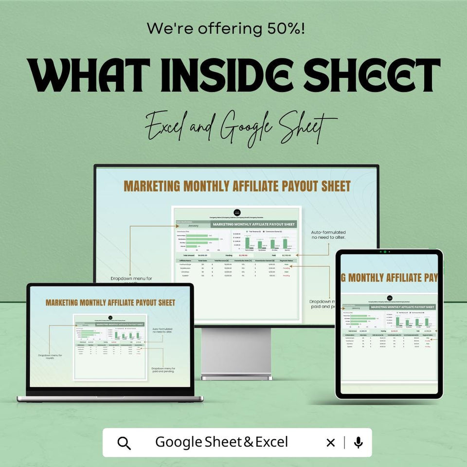 Marketing Monthly Affiliate Payout Sheet - Excel & Google Sheets Template for Tracking Affiliate Payments, Commission Payouts, and Earnings